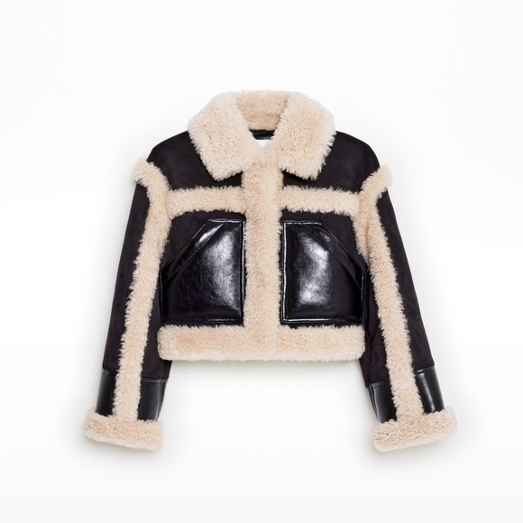 Stand Studio Black Faux Leather Shearling Edith Jacket Cropped 6/42 IT - Picture 3 of 5